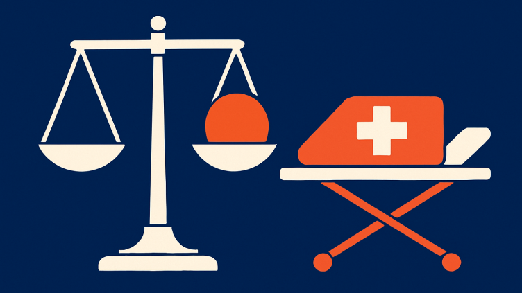 Illustration of the scales of justice beside a medical triage stretcher